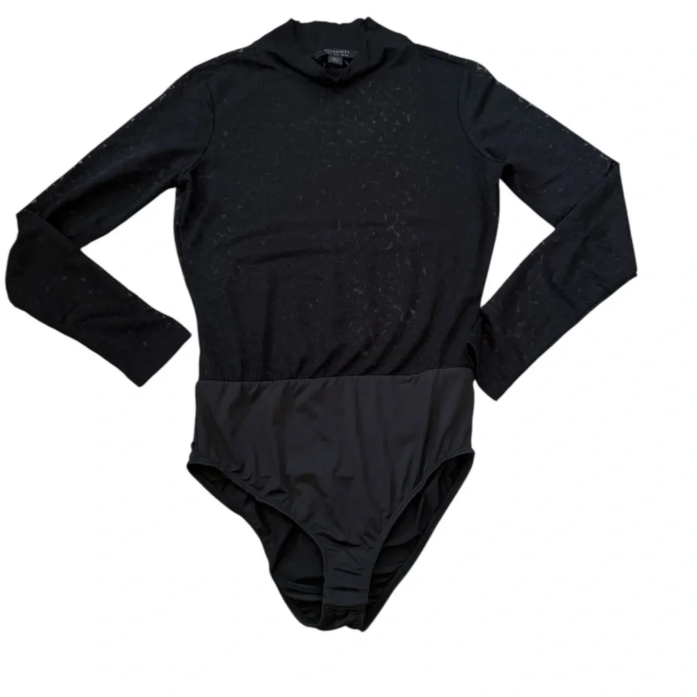 ALLSAINTS Sheer Black Leopard Mock Neck Bodysuit Size 0 / UK 4 - Picture 2 of 5